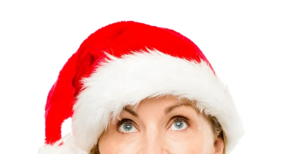 クリスマスのサンタの帽子を身に着けてはかなり成熟した女性のクローズ アップ — ストック写真