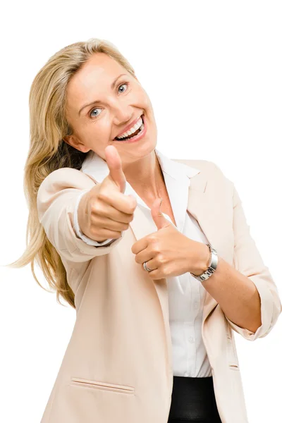 Madura mujer de negocios pulgares arriba sonriendo aislado en blanco backgr — Foto de Stock