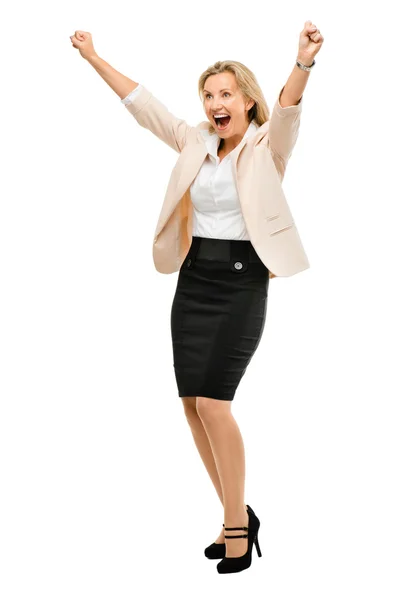 Mature business woman celebrating success full length isolated o — Stock Photo, Image