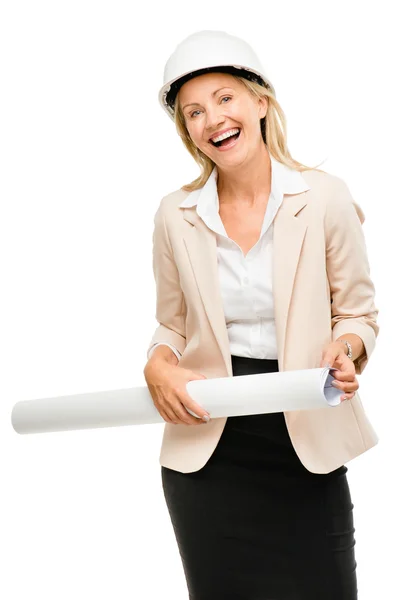 Mature business woman holding blue pints plans isolated on white background — Stock Photo, Image