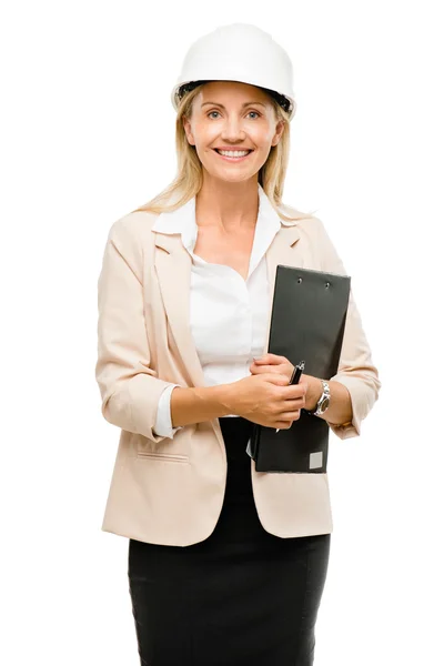 Volwassen vrouw toezichthouder dragen van harde hoed geïsoleerd op witte backg — Stockfoto