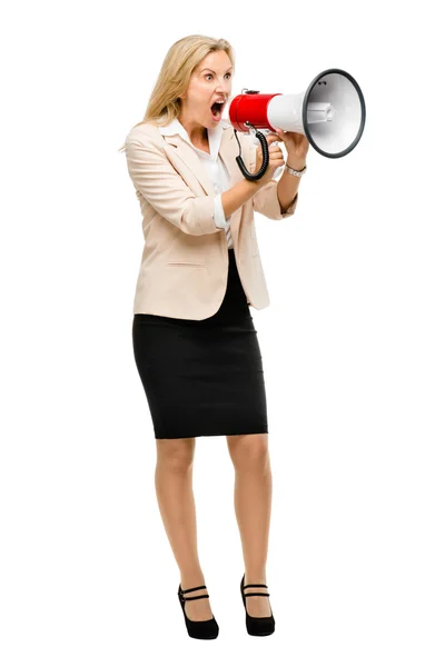 Mature woman holding magaphone shouting isolated on white backgr — Stock Photo, Image