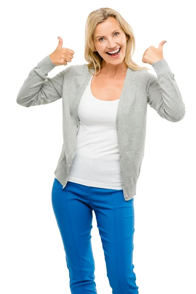 Happy woman thumbs up isolated on white background — Stock Photo, Image