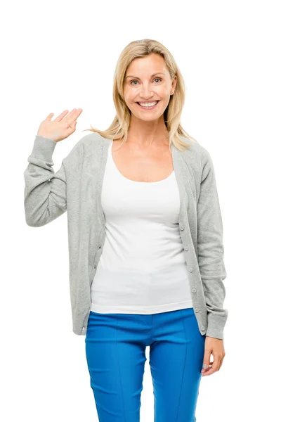 Happy mature woman waving isolated on white background — Stock Photo, Image
