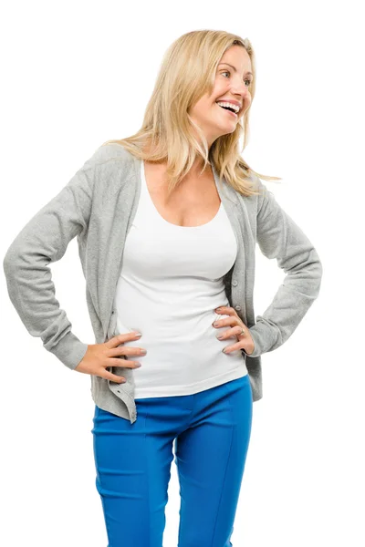 Mujer feliz pantalones vaqueros azules aislados sobre fondo blanco —  Fotos de Stock