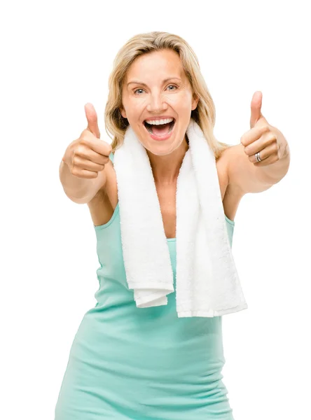 Healthy mature woman thumbs up sign isolated on white background — Stock Photo, Image