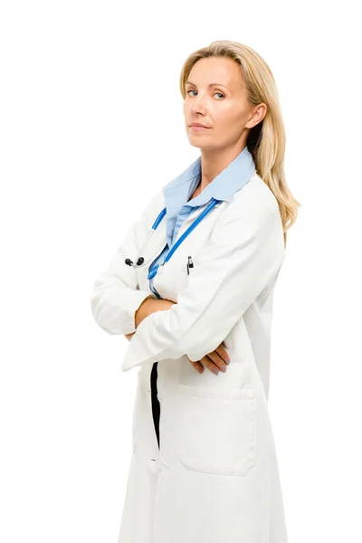 Happy medical doctor woman isolated on white background — Stock Photo, Image