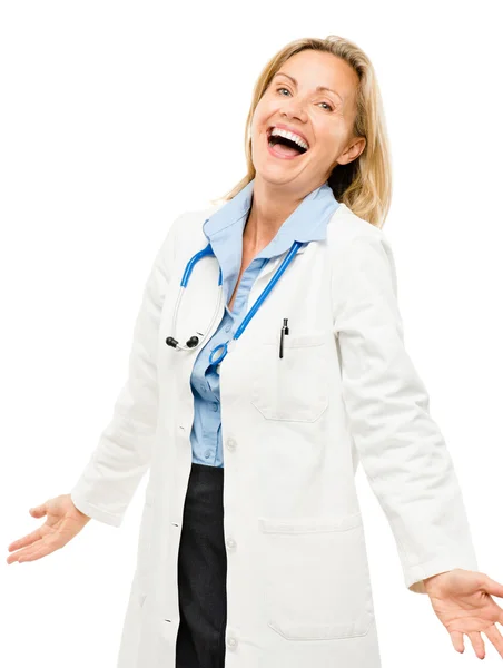 Ευτυχισμένος, γυναίκα ιατρός που απομονώνονται σε λευκό φόντο — Φωτογραφία Αρχείου