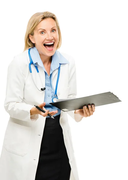 Feliz médico mujer aislada sobre fondo blanco —  Fotos de Stock
