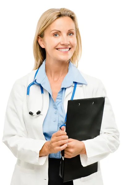 Happy medical doctor woman isolated on white background — Stock Photo, Image