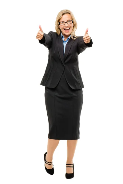 Счастливая зрелая деловая женщина поднимает большие пальцы, изолированные на белой backgrou — стоковое фото