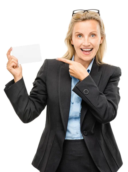 Mature business woman holding white placard pointing — Stock Photo, Image