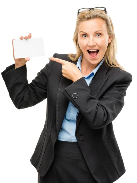 Mature business woman holding white placard pointing — Stock Photo, Image