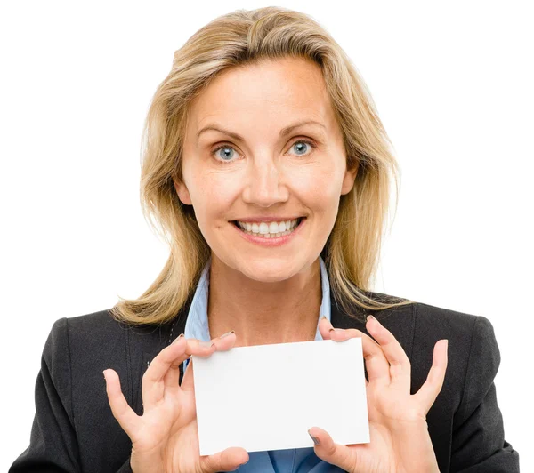 Mogna affärskvinna håller vit skylt pekar — Stockfoto