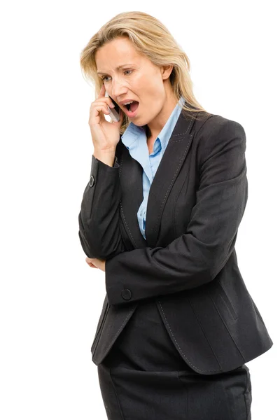 Videobotschaft Mobiltelefon Frau glücklich reifen isoliert auf weißem Hintergrund — Stockfoto