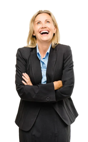 Feliz madura mujer de negocios riendo aislado en el fondo blanco — Foto de Stock