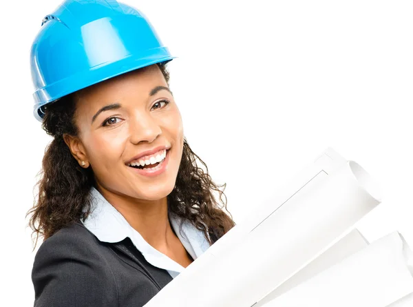 African American businesswoman architect holding blueprints isolated on white background — Stock Photo, Image