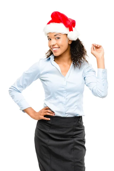 Feliz miced carrera mujer de negocios con sombrero de Navidad aislado sobre fondo blanco —  Fotos de Stock