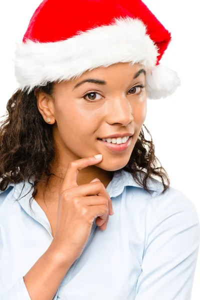 Szczęśliwy mieszanej rasy kobieta kapeluszu Boże Narodzenie na białym tle — Zdjęcie stockowe
