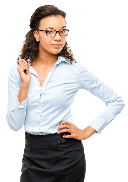 Feliz mujer de negocios afroamericana sonriendo aislada sobre fondo blanco — Foto de Stock