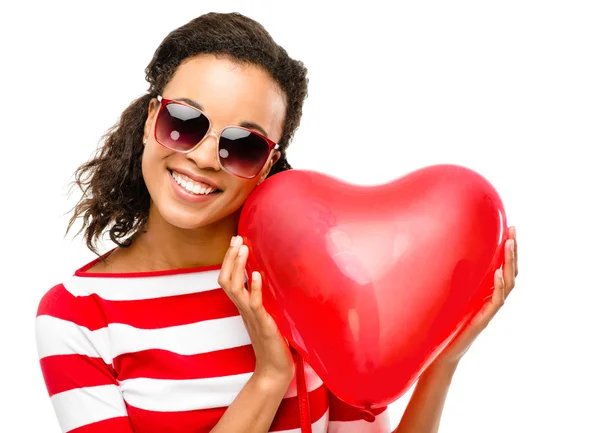 Valentines day portrait of Pretty Mixed race woman holding red heart — Stock Photo, Image