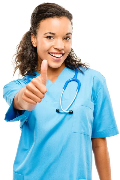 Feliz mestiço médico sorrindo polegares para cima isolado no fundo branco — Fotografia de Stock