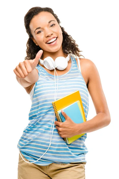 Happy mixed race woman student thumbs up — Stock Photo, Image