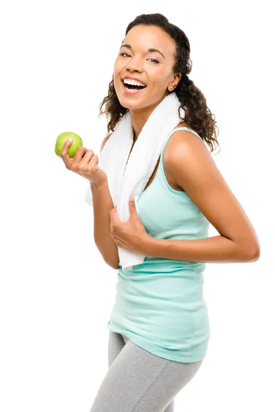 Zdravý mladý smíšené rasy žena držící zelené jablko izolovaných na bílém pozadí klíčová slova: — Stock fotografie