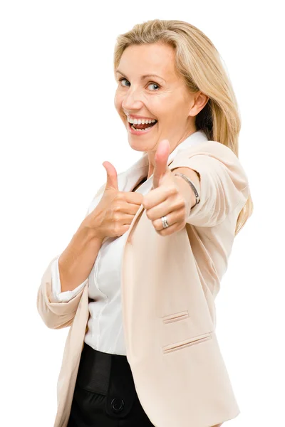 Volwassen vrouw geven duimen omhoog teken geïsoleerd op witte achtergrond Stockfoto
