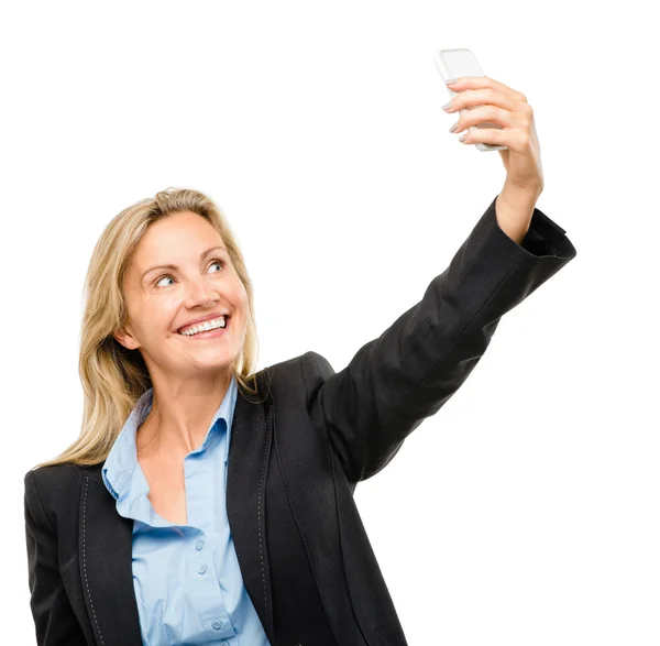 Video messaging mobile phone woman happy mature isolated on white background Stock Photo