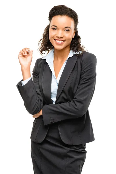 Joven mujer de negocios de raza mixta sonriendo aislado en backgro blanco Imagen de archivo