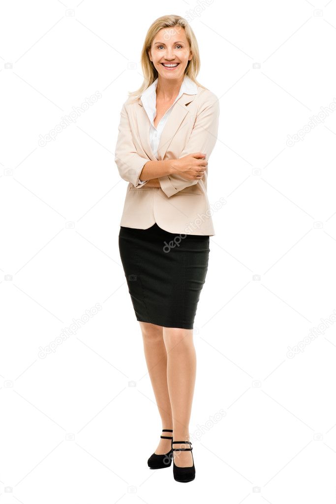 Mature business woman smiling full length portrait isolated on w