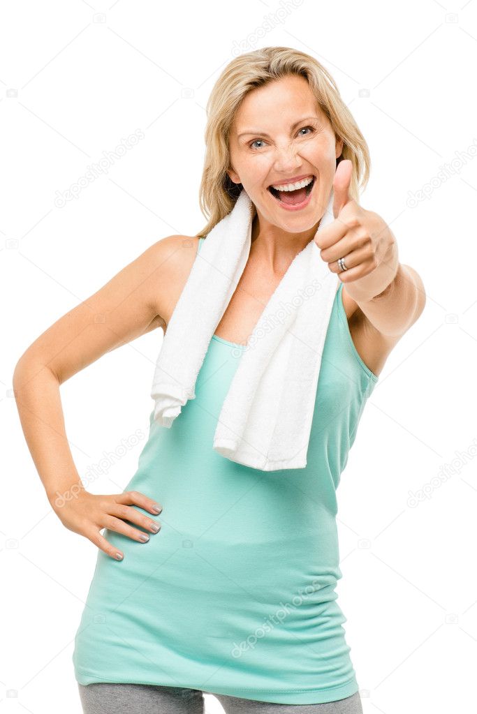 Healthy mature woman exercise thumbs up isolated on white backgr