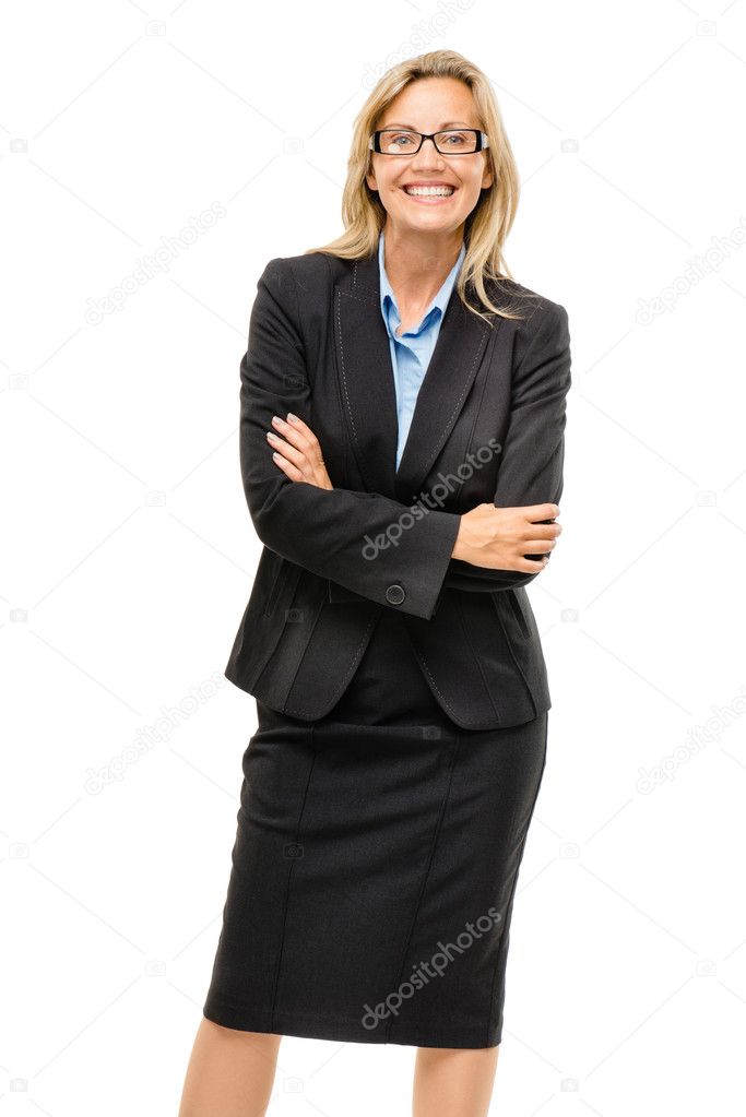 Happy mature business woman isolated on white background