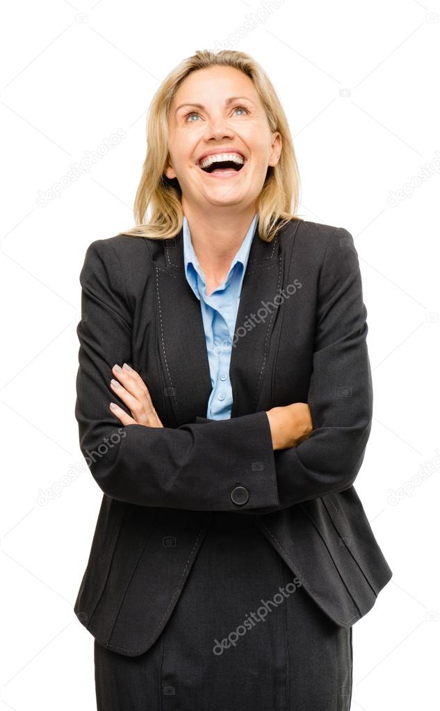 Happy mature business woman laughing isolated on white backgroun