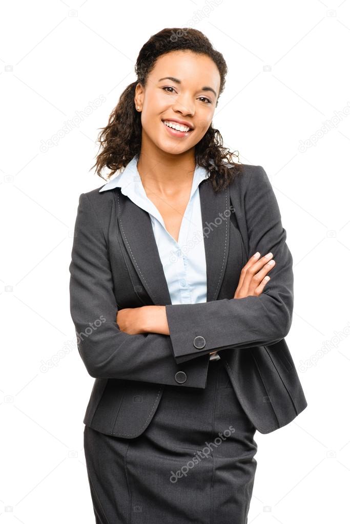 Young mixed race businesswoman with arms folded smiling isolated