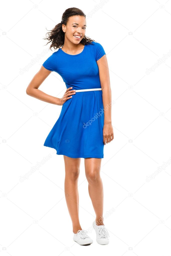 Beautiful mixed race woman sexy blue dress isolated on white bac