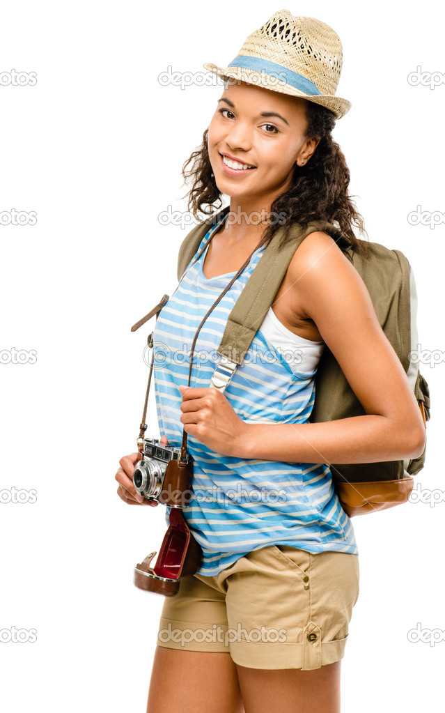 Happy African American woman tourist isolated on white backgroun