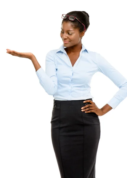 Happy African American business woman showing empty copy space i — Stock Photo, Image