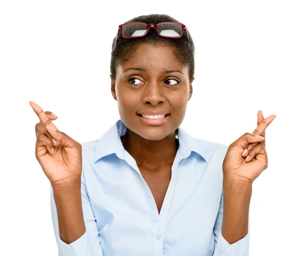 Щаслива афроамериканська бізнес-леді ізольована на білому тлі — стокове фото