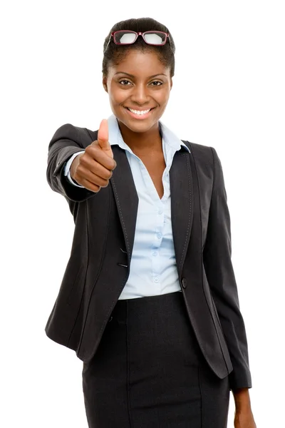 Feliz mujer de negocios afroamericana pulgares hacia arriba aislado en whit —  Fotos de Stock