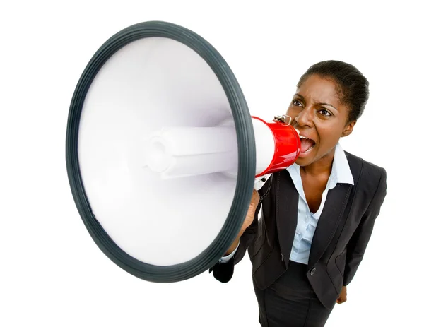 African American business woman holding megaphone isolated on white — Stock Photo, Image