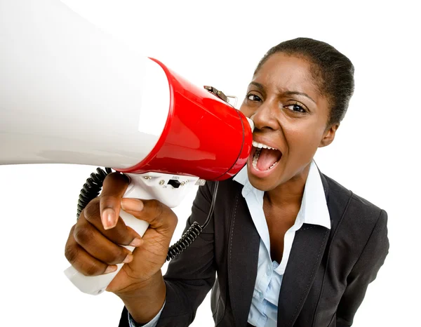 African American business woman holding megaphone isolated on white — Stock Photo, Image