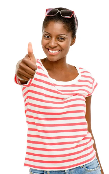 Bela afro-americana mulher feliz polegares até isolado no whi — Fotografia de Stock