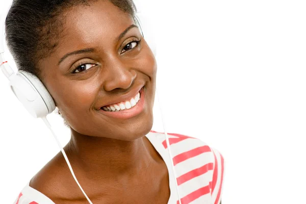 Beautiful African American Woman listening to music mobile phone — Stock Photo, Image