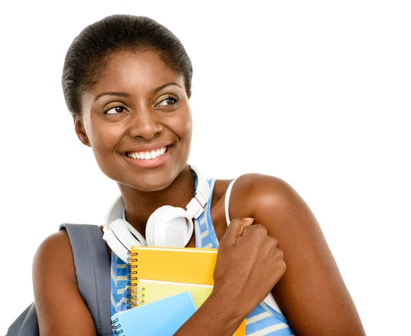 Erfolgreiche afrikanisch-amerikanische Studentin zurück zur Schule isoliert auf weißem Hintergrund — Stockfoto