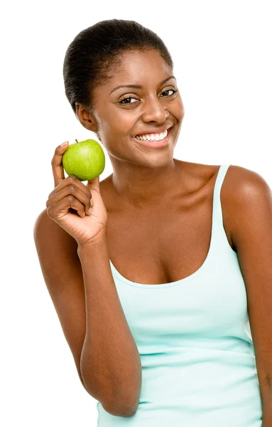 Healthy African American woman holding fresh green apple isolate — Stock Photo, Image