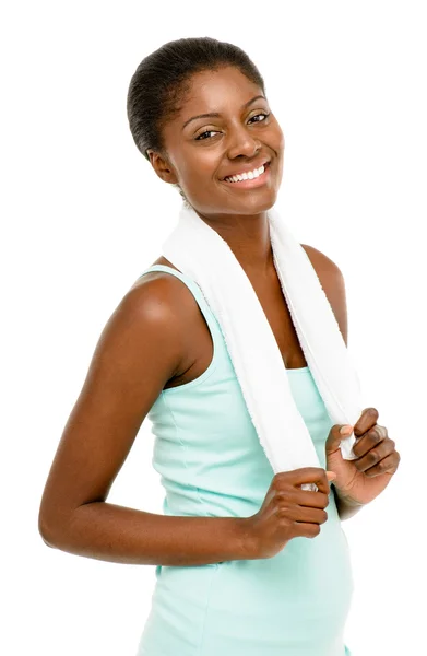 白い背景で隔離のジムの服を着て幸せで健康な若い黒人女性 — ストック写真