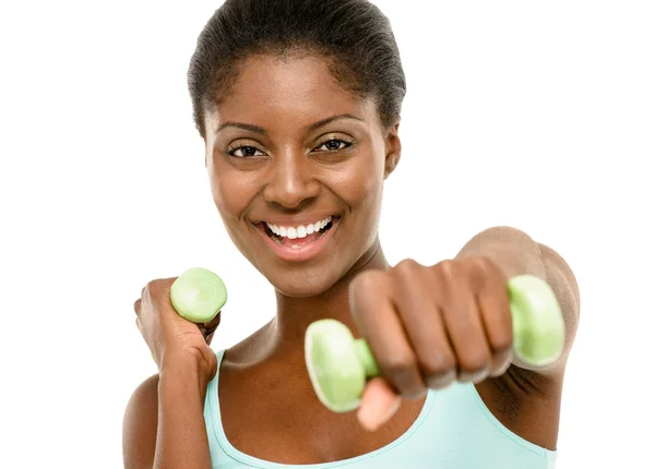 Healthy African American Woman exercising using dumbells isolate — Stock Photo, Image