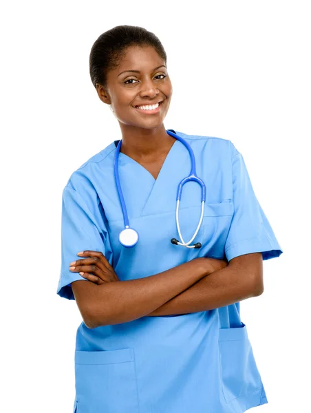 Retrato confiante afro-americano feminino médico branco fundo — Fotografia de Stock